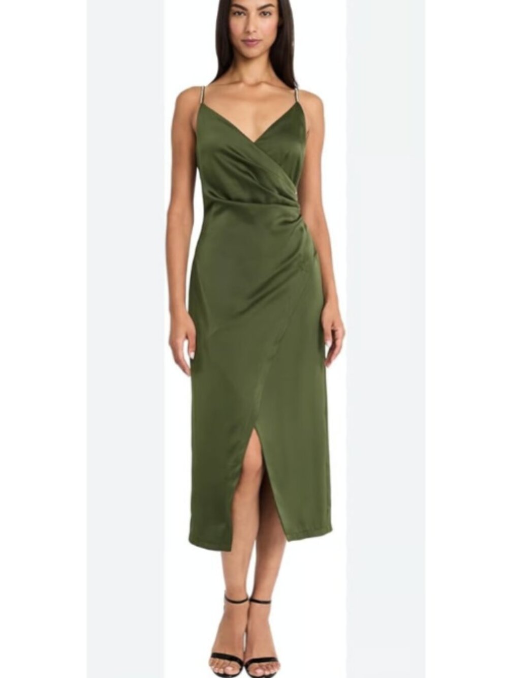 Donna Morgan Satin A-Line Midi Slip Wrap Dress Olive Green Rhinestone Size 10